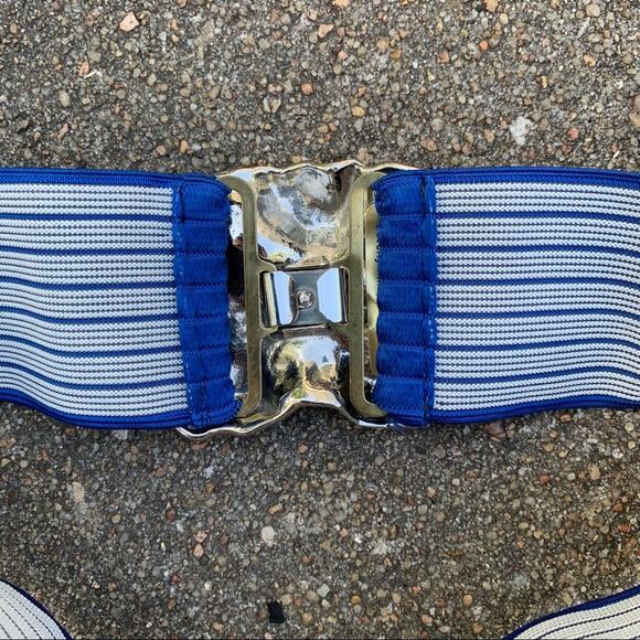 Vint. 80s 90s Charmant of Beverly Hills blue elastic waist belt silver buckle - Picture 2 of 5